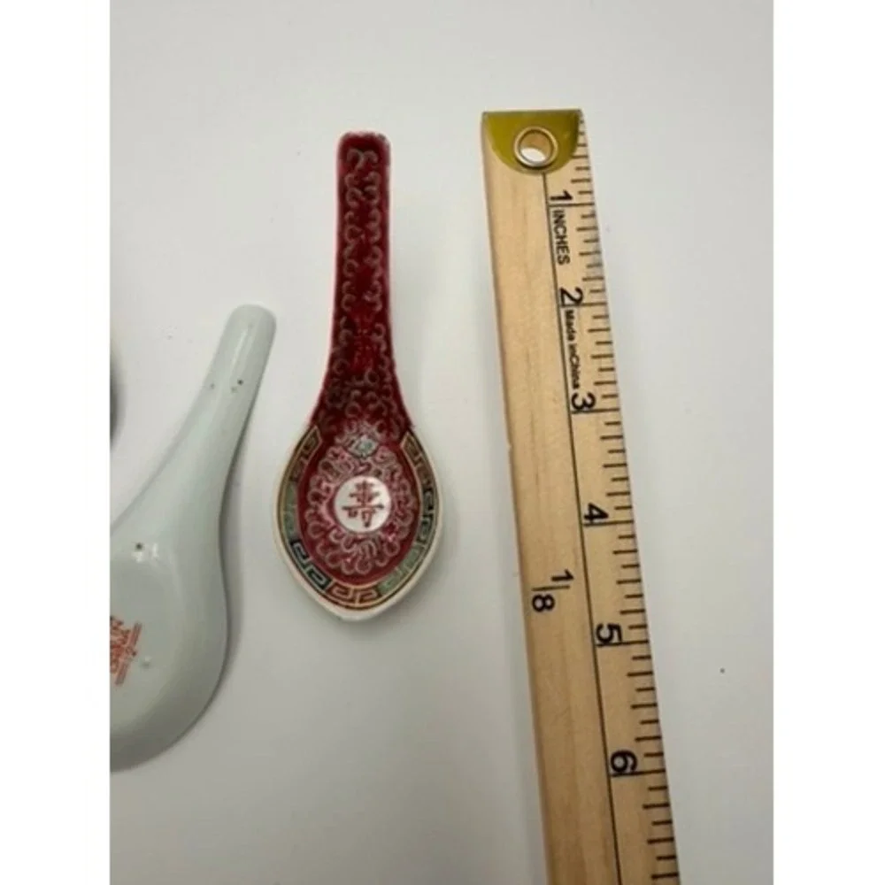 Jingdezhen Chinese Soup Spoons Set 7 Pink Longevity Porcelain Vintage Excellent